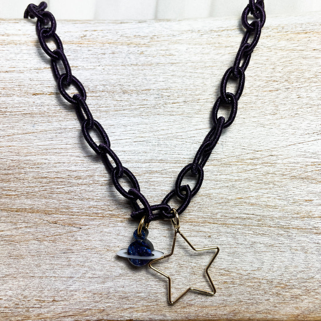 OUT OF THIS WORLD Fabric chain star & planet necklace